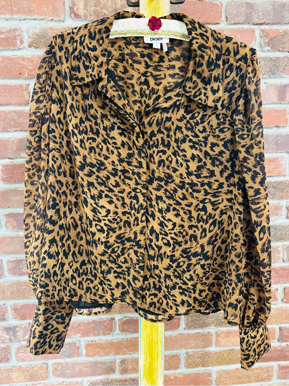 DKNY Brown & Black Leopard-Print Button Front Top